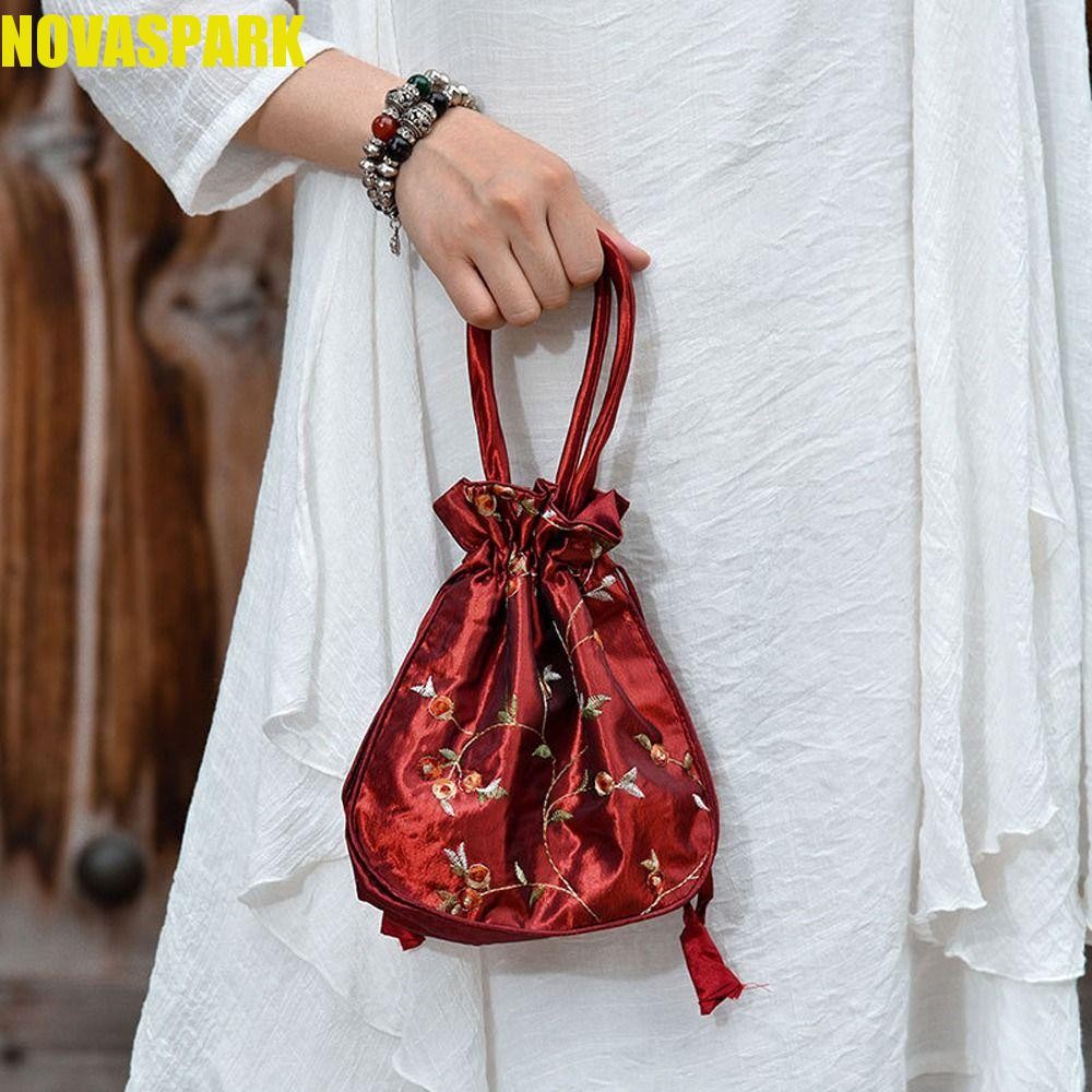 Novaspark Túi xách nữ hoa đựng mỹ phẩm di động ngọt ngào Phong cách dân tộc Ví Mini Ví vệ sinh Túi đựng khăn ăn Túi đóng gói Jewerly
