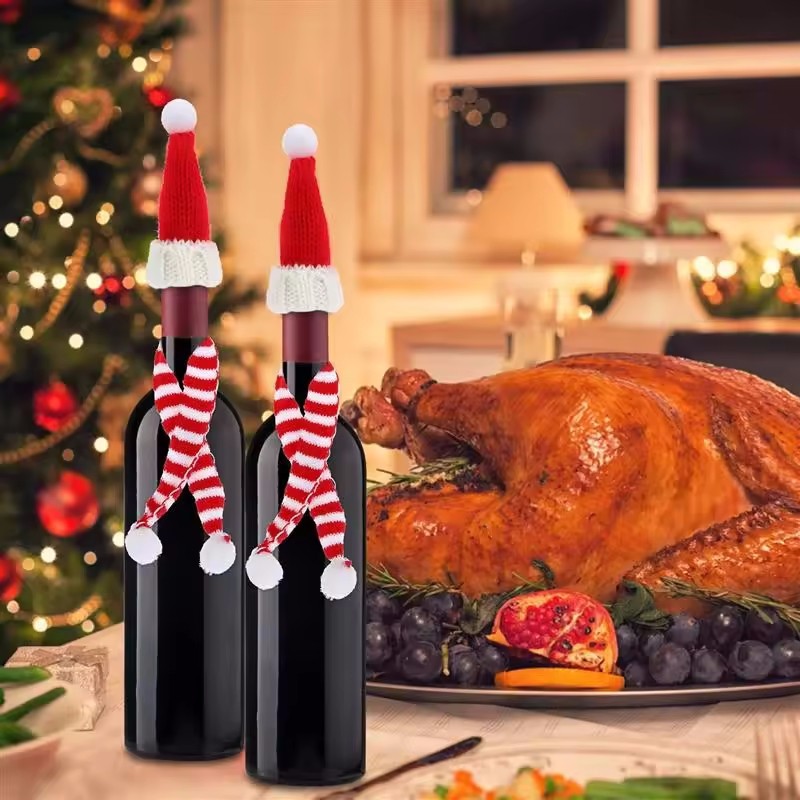 Bộ nắp chai rượu vang dự tiệc Giáng sinh mới Trang trí chai ông già Noel bằng vải dệt kim Mũ đỏ