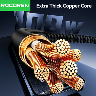 Cáp Rocoren 100W Spring USB Type C cho ô tô có đèn LED RGB PD Dây sạc nhanh cho điện thoại trên ô tô