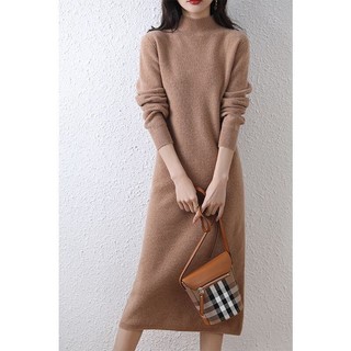 Đầm Dệt Kim Nửa Cổ Cao Cổ Áo Len Đầm Thu Đông Đầm Dài Phong Cách Bên Trong Đáy Váy Thẳng Trượt Tuyết Dài