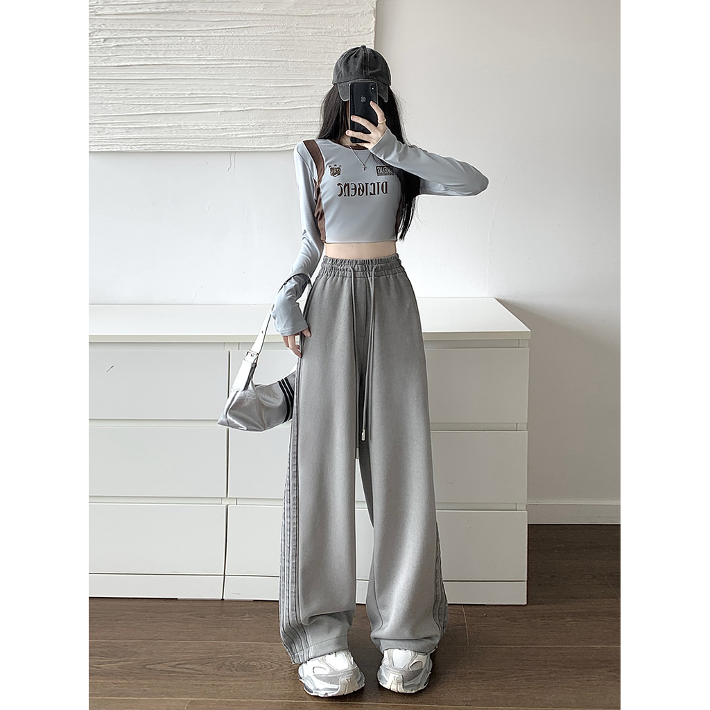 Suxi Retro Sọc Thu Đông Mới Thời Trang Đơn Giản Rời Thể Thao Cao Cấp Quần Thẳng Nữ 241012
