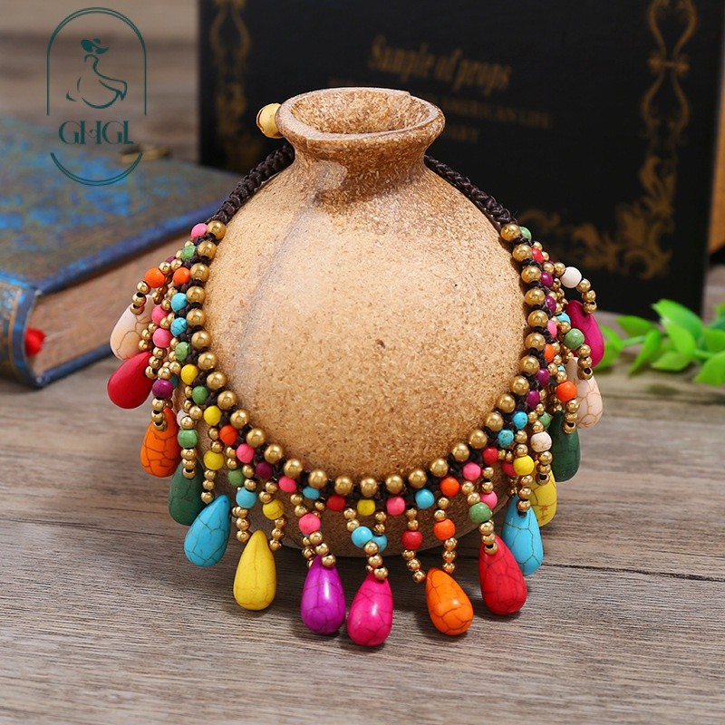 Ghgl❤️Bohemian Phong Cách Dân Tộc Vòng Cổ Nữ Xương Đòn Dây Xích Xanh Đỏ Xanh Ngọc Tua Rua Cổ Ngắn Vòng Chân Bộ Kỳ Nghỉ