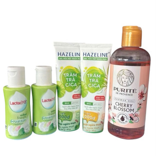 Combo 5 món du lịch gồm: 1 Sữa tắm 250ml + 2 Rửa mặt 40g (Hàng khuyến mãi) + 2 dung dịch vệ sinh 60ml (Hàng khuyến mãi)