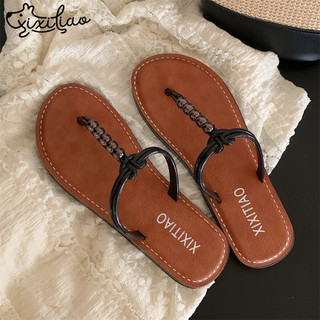 XiXitiao Flat Mùa Hè Màu Sắc Phù Hợp Với Ngoài Trời Mặc Thời Trang Pháp Đính Hạt Đi Biển Flip-Flops Nữ