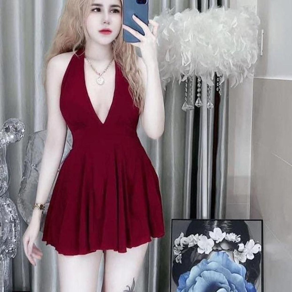 Đầm xoè cổ yếm kèm quần, thun La Dong trơn mịn, freesize <55kg, mẫu đầm nữ đen đỏ kem