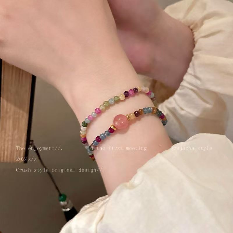 Vòng tay đính cườm pha lê Tourmaline cầu vồng, thiết kế phong cách Trung Quốc cao cấp