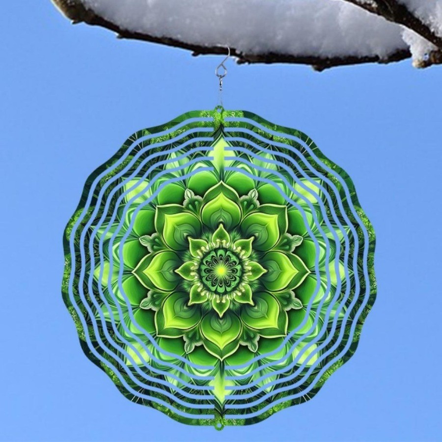 Máy quay gió Mandala xanh thanh lịch 3D - Chuông gió kim loại để trang trí sân vườn & sân hiên, không cần điện