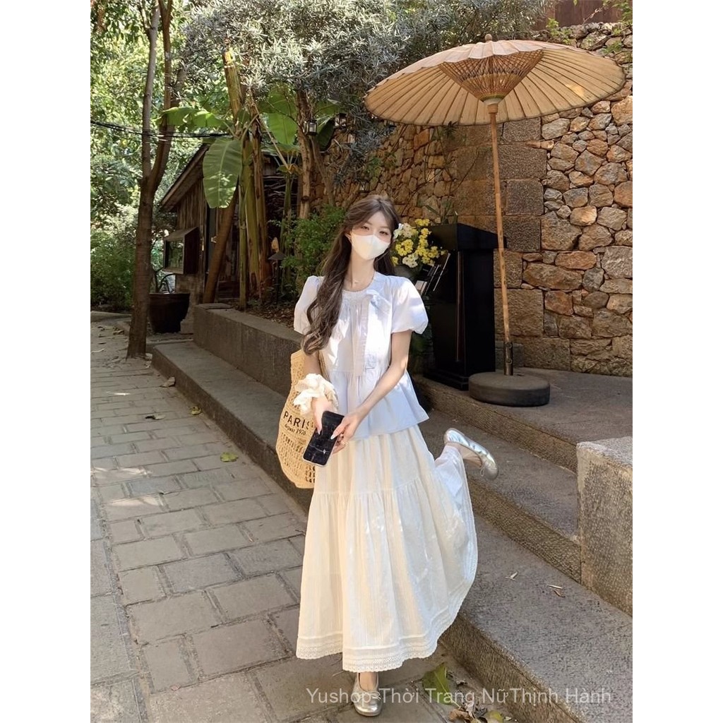 [YU]Áo sơ mi nữ tay phồng kèm nơ, dáng búp bê, thiết kế ngọt ngào, thoáng mát, dễ thương.