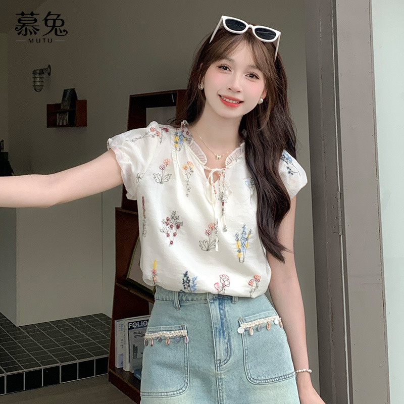Mutu Pháp Hoa Xù Ren Áo Sơ Mi Nữ Mùa Hè 2026 Phong Cách Mới Thiết Kế Nhỏ Niche Top