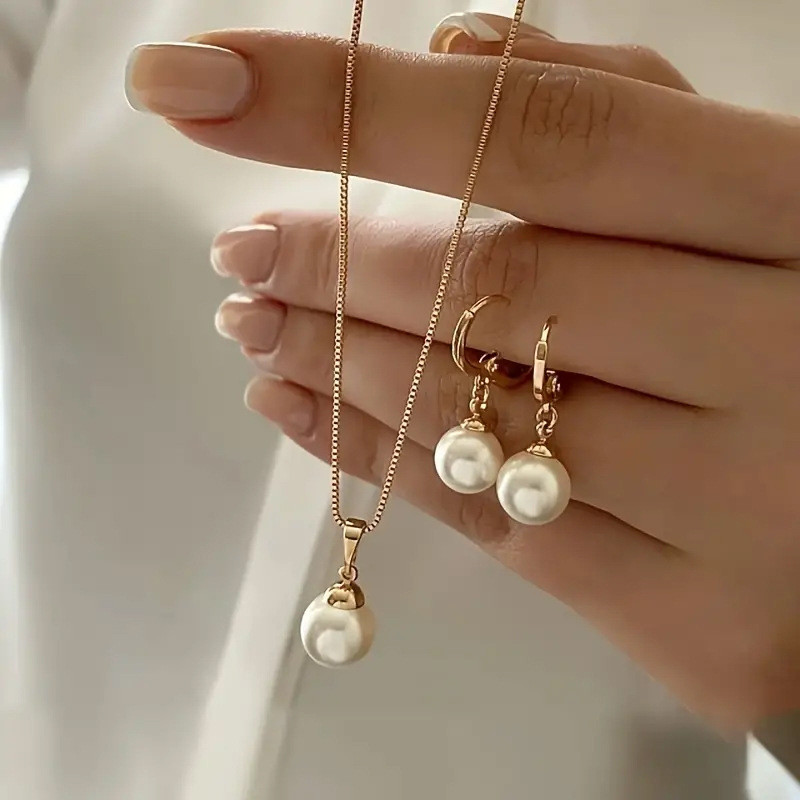 Bộ trang sức nữ retro giả ngọc trai, mặt dây chuyền và bông tai đơn giản, phù hợp mọi dịp