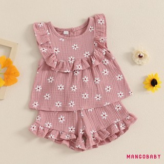 MG-Baby Kids Girls Quần Short Bộ Hoa Không Tay Cổ Cổ Tròn Áo Và Quần Short Trang Phục 2 Món Mùa Hè