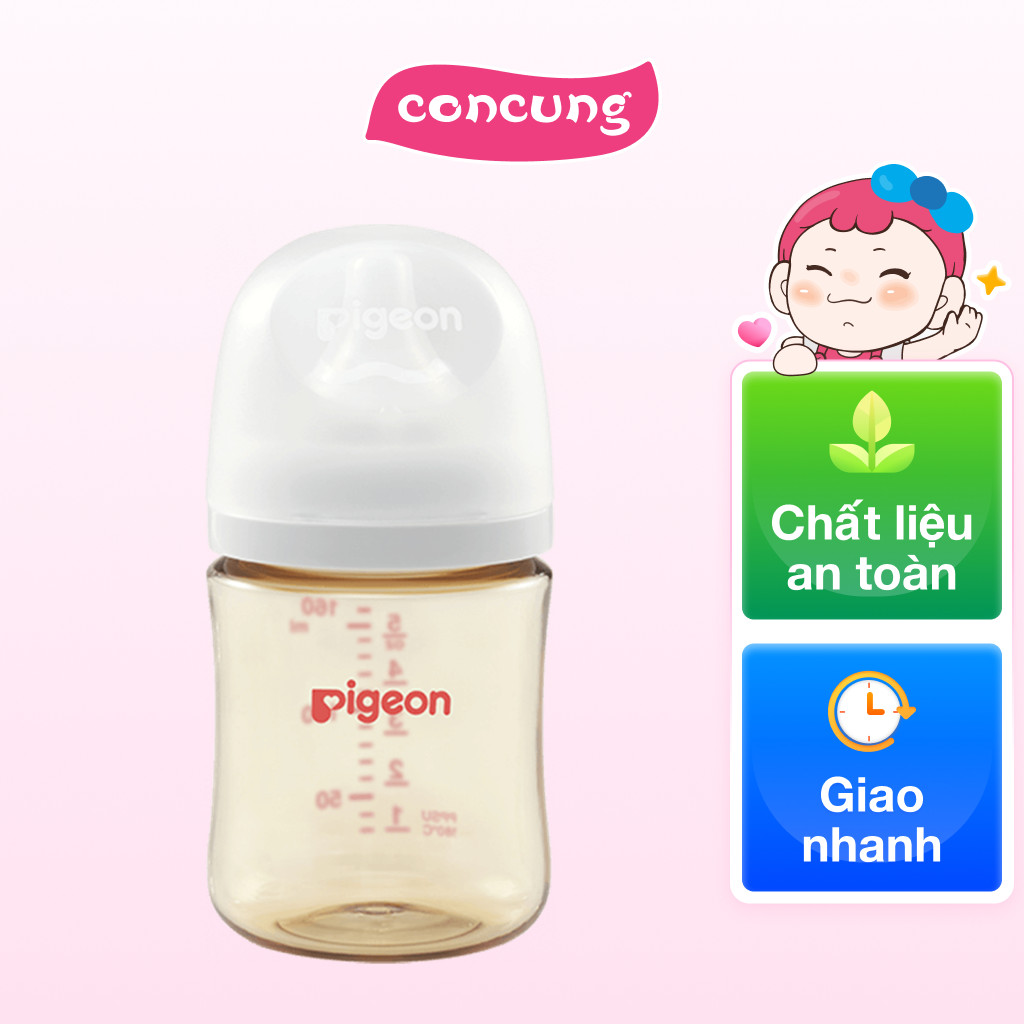 Bình sữa Pigeon PPSU chính hãng chống đầy hơi cổ rộng 160ml cho bé sơ sinh núm ti siêu mềm chống sặc