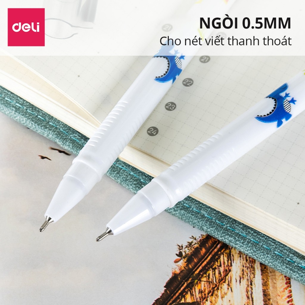 [QUÀ TẶNG] HỘP 12 Bút bi nước học sinh mực gel xanh đen 0.5mm Deli họa tiết khủng long nhanh khô