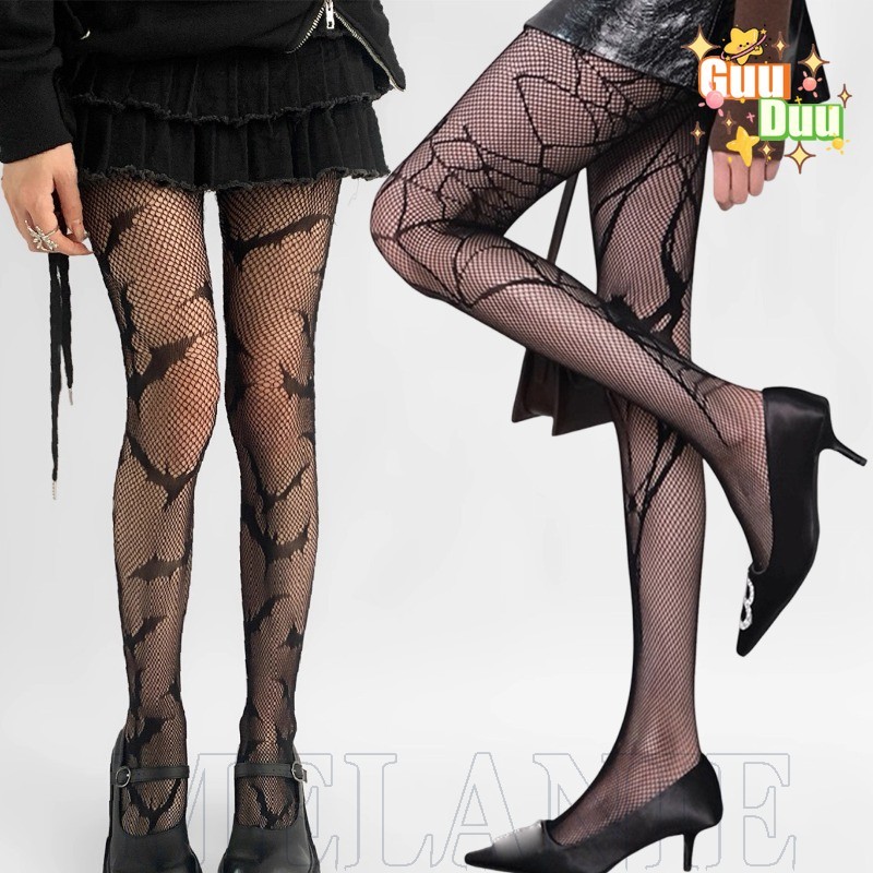 Vớ cao đùi nữ Gothicpunk với họa tiết nhện và lưới cá màu đen, phù hợp cho Halloween