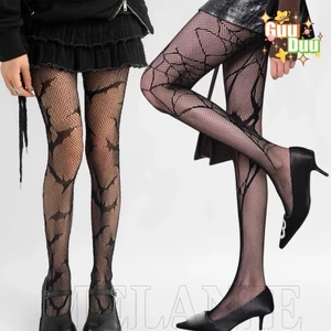 Vớ cao đùi nữ Gothicpunk với họa tiết nhện và lưới cá màu đen, phù hợp cho Halloween
