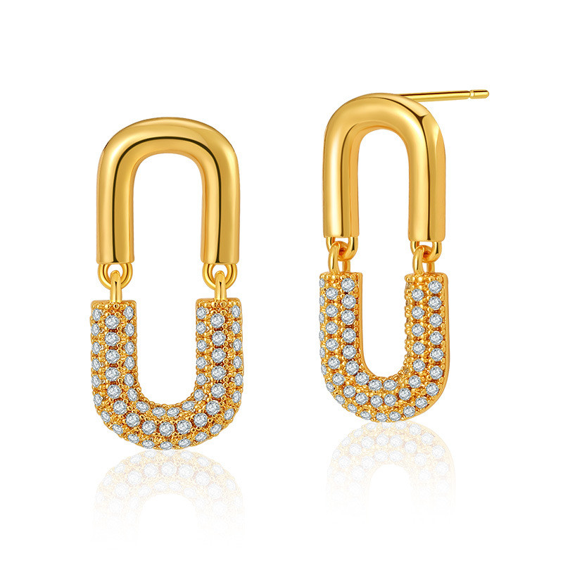 Bông tai hình chữ U mạ vàng đính đá Cubic Zirconia, trang sức tối giản hiện đại cho nữ đeo hàng ngày
