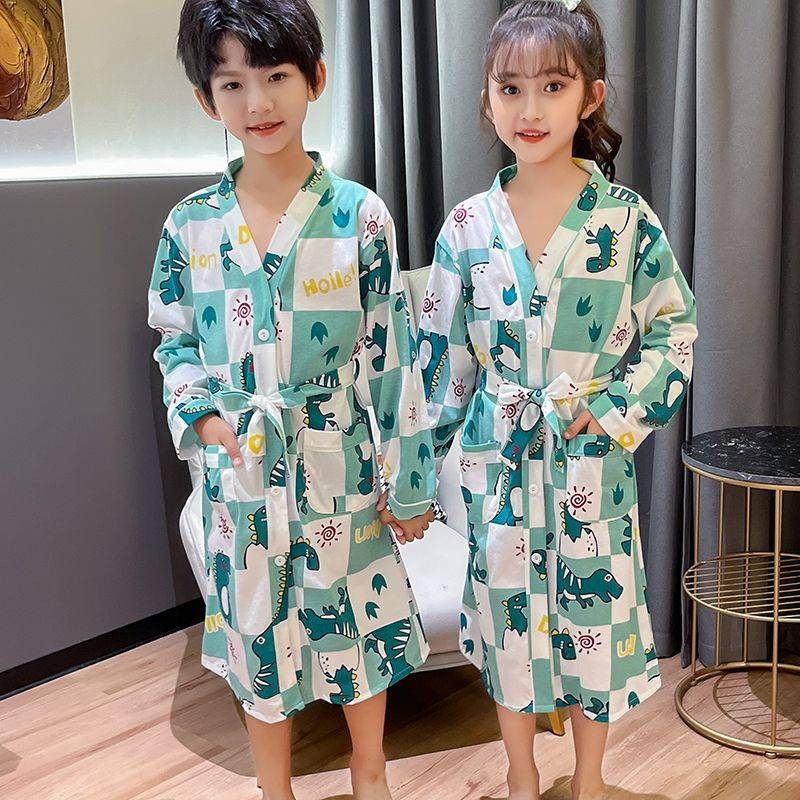 Trẻ Em Váy Ngủ Xuân Thu Hè Dài Tay Bé Gái Mỏng Áo Tắm Cotton Nguyên Chất Bộ Đồ Ngủ Trẻ Em Áo Bơi Hot Spring Hotel