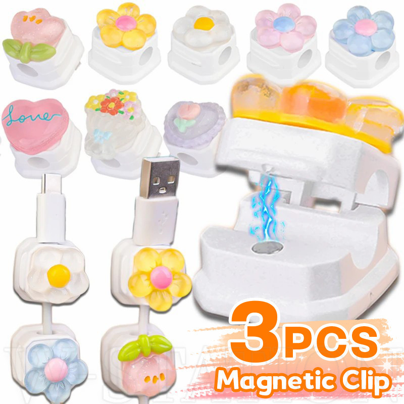 1 / 2 / 3 Kẹp cáp từ tính hoa đầy màu sắc - Giá đỡ dây sạc trái tim tình yêu - Dễ thương, Màu kẹo, Trong suốt - Dành cho gia đình, văn phòng, ô tô - Dụng cụ sắp xếp dây dưới bàn