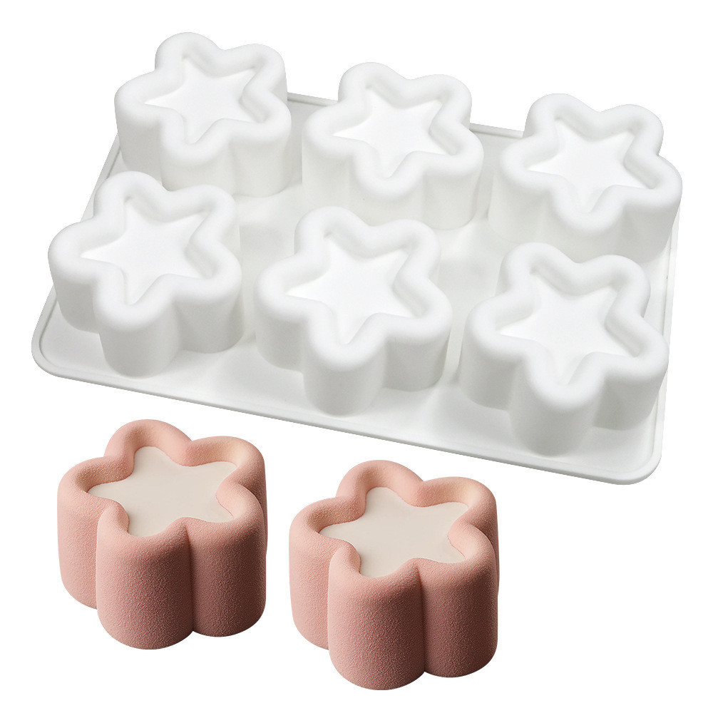 6 Khoang Rãnh Silicon Khuôn Mousse Hình Trái Tim/Ngôi Sao/Hoa, Làm Socola/Thạch/Nến Thơm, Handmade DIY