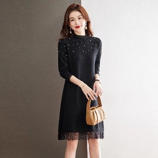 Đầm Dệt Kim Ren Nữ Thu Đông Tính Khí Phong Cách Mới Đáy Nhỏ Giữa Chiều Dài Áo Len Đầm