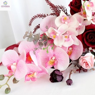Bó hoa cưới cầm tay cô dâu nhân tạo CEVERIA hoa lan và hồng nhung L009