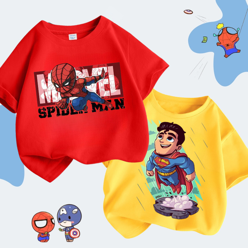 Áo Thun Mùa Hè lavibaby mới 2024 áo thun hoạt hình Marvel siêu nhân in họa tiết thoáng khí mềm mại