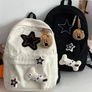 [Crush] Ba lô học sinh, Túi du lịch họa tiết ngôi sao Y2K, Ba lô vải nhung có thể điều chỉnh dung tích lớn dành cho nữ