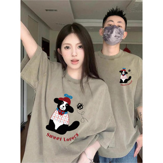 Áo thun ngắn tay 100% cotton dành cho cặp đôi váy mùa hè nữ 2024 mới màu trắng xám dễ thương chó ngắn tay niche rộng rãi nam nữ có cùng mẫu