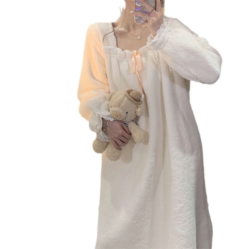 Ngọt Ngào Phong Cách Công Chúa Váy Ngủ Nữ Mới Ấm Áp Dày Lông Cừu Bộ Đồ Ngủ Mùa Đông Phong Cách Hàn Quốc Nữ Sinh Phù Hợp Với homewear