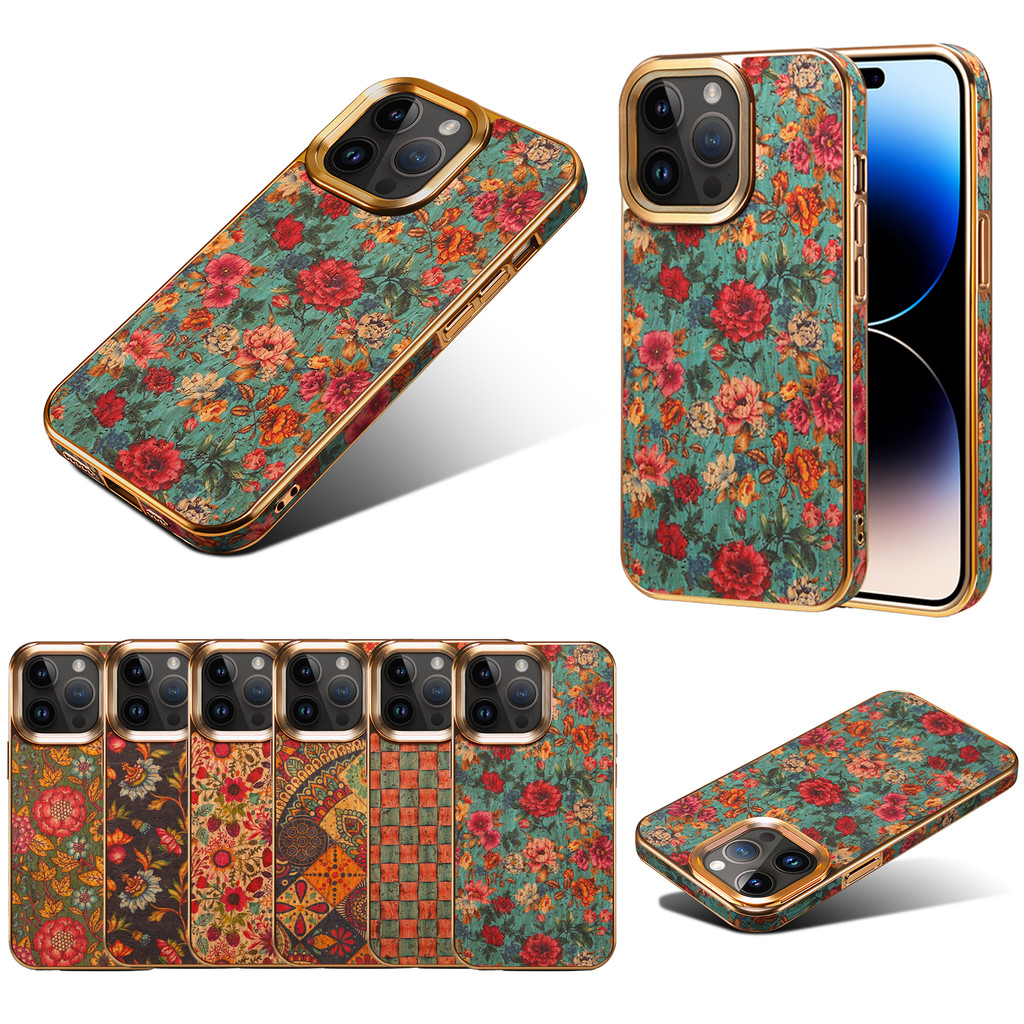 Giả Da Phong Cách Retro Hoa Ốp Lưng Điện Thoại IPhone 16 15 14 13 12 Promax Plus Nút Kim Loại Mạ Khung Bảo Vệ Chống Sốc Vỏ Điện Thoại Di Động Cầm Tay