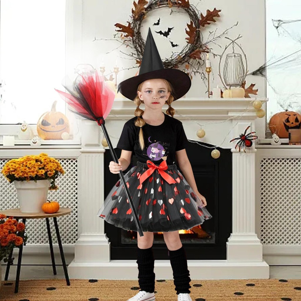 Halloween in lưới bí ngô váy tutu mũ phù thủy chổi váy lông tơ bộ ba mảnh váy ngắn bé gái Châu Âu và Mỹ jiwvn