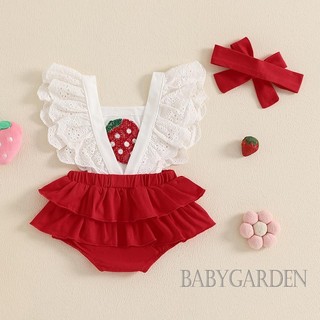 / / -Bộ Áo liền quần in hình kẻ sọc ngắn tay phồng mùa hè cho bé gái sơ sinh có băng đô Quần áo trẻ sơ sinh