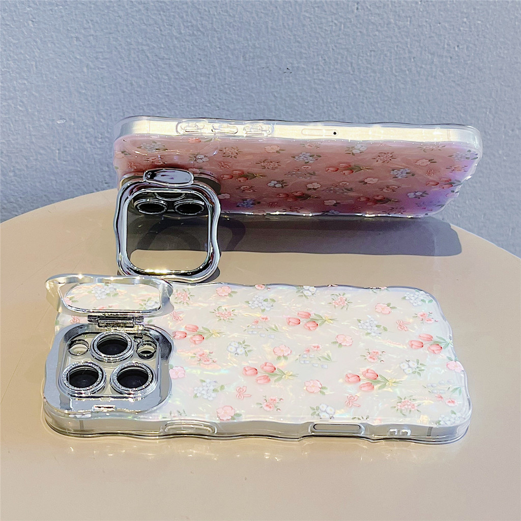 Dành Cho iPhone 16 Pro Max 15 14 Plus 16Pro Tulip Vỏ Hoa Nhỏ Họa Tiết Vỏ Điện Thoại Có Giá Đỡ Chức Năng Vòng Ống Kính Cho iPhone 11 12 13 Pro Max Silicon Mềm Chống Sốc
