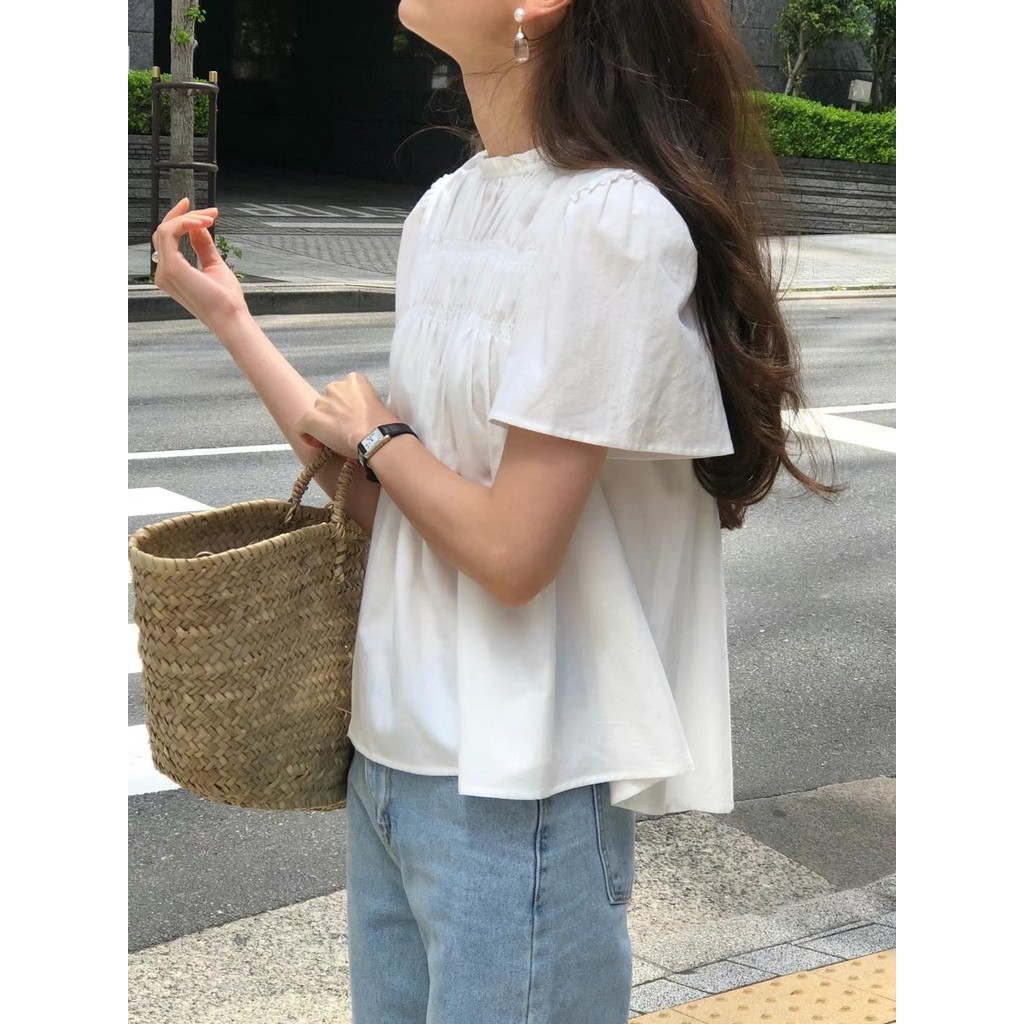 Suxi Ren Đứng Cổ Xếp Ly Rời Áo Sơ Mi Babydoll Cổ Tròn Tay Ngắn 241008