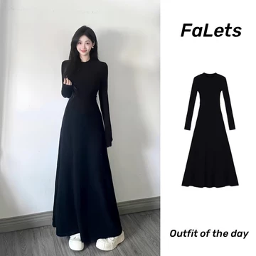 Đầm body dáng dài Váy đen dài tay mùa đông Váy liền tay màu đen váy dài kiểu Pháp mẫu đầu thu cho nữ