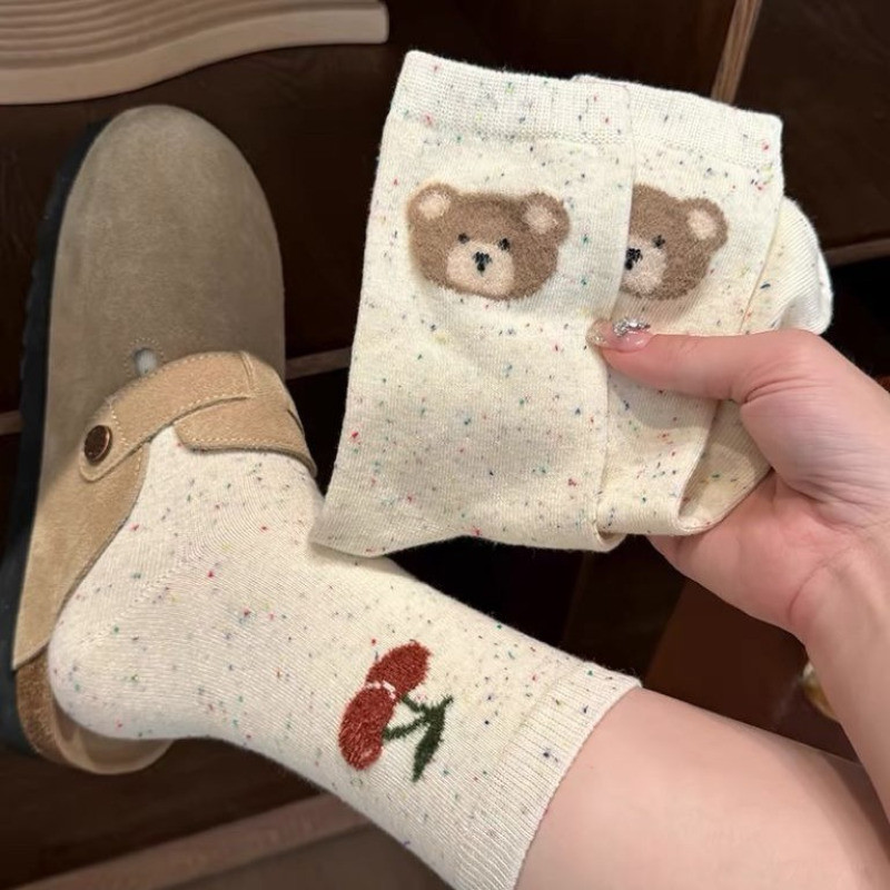 Vớ gấu dễ thương Ins Style - Tất ống giữa - Hoạt hình, Thời trang - Tất màu trơn - Cotton, Thoải mái, Thoáng khí, Mềm mại - Tất thông thường hàng ngày