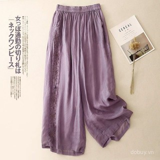 Mùa Hè 2025 Mới Nữ Crop Quần Ống Rộng Retro Thêu Rời Chảy Chảy Rỉ Cotton Vải Lanh Quần
