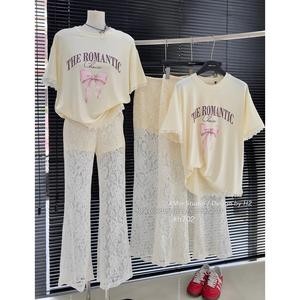 Set áo cotton cao cấp in nơ phối quần ren ống loe slay sang chảnh dành cho nữ mặc đi chơi du lịch xịn - Baotrang.clothes