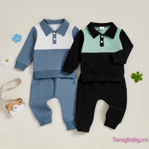 Bộ trang phục mùa thu đông cho bé trai Áo dài tay cổ tương phản + Quần lưng co giãn chắc chắn Bộ 2 món