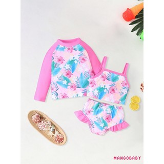 MG-Kids Girl 3 Bộ Đồ Bơi Mùa Hè Cá Quy Mô In Hình Áo hai dây Và Co Giãn Xù Quần Short Che Bộ Đồ Tắm