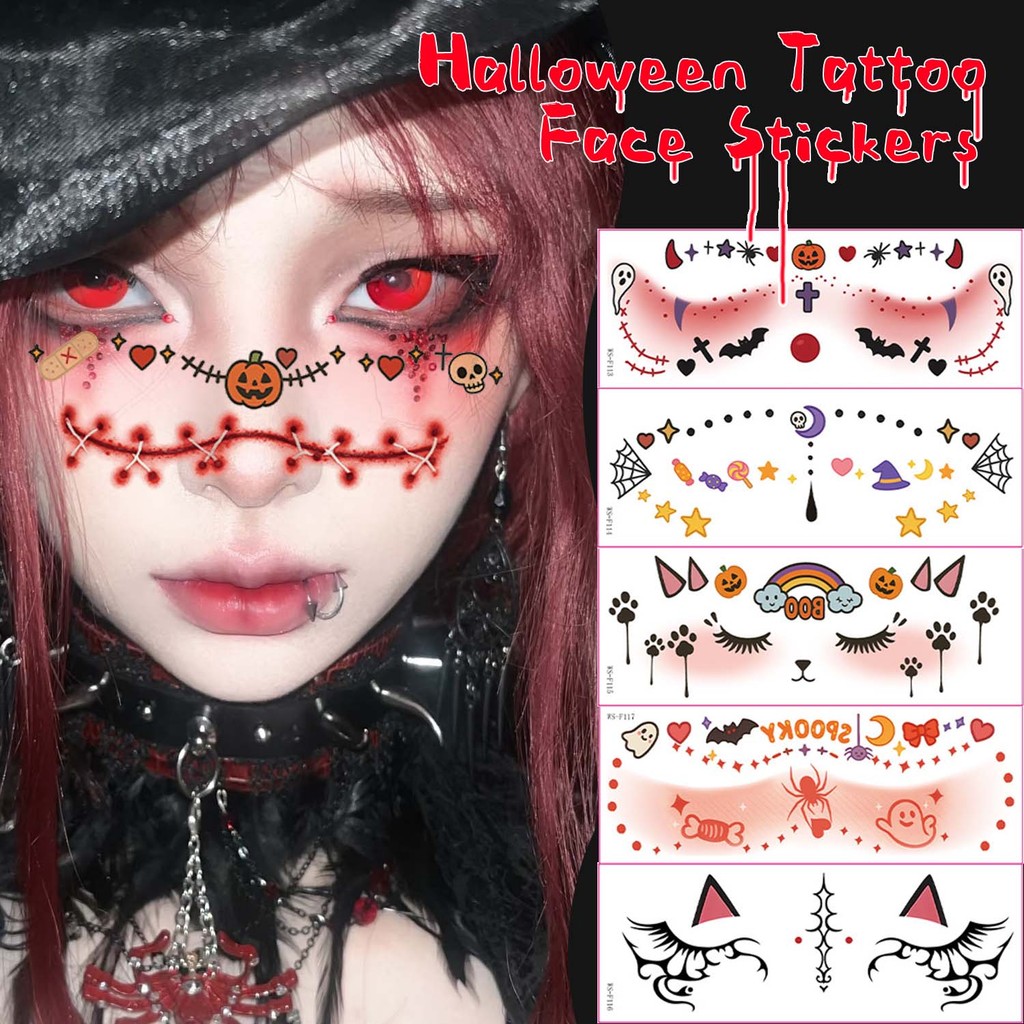 Mặt nạ Halloween dán trên da, chuyển màu khi gặp nước, bao gồm 5 hoặc 10 chiếc, đề can trang trí body nghệ thuật cho bữa tiệc hóa trang