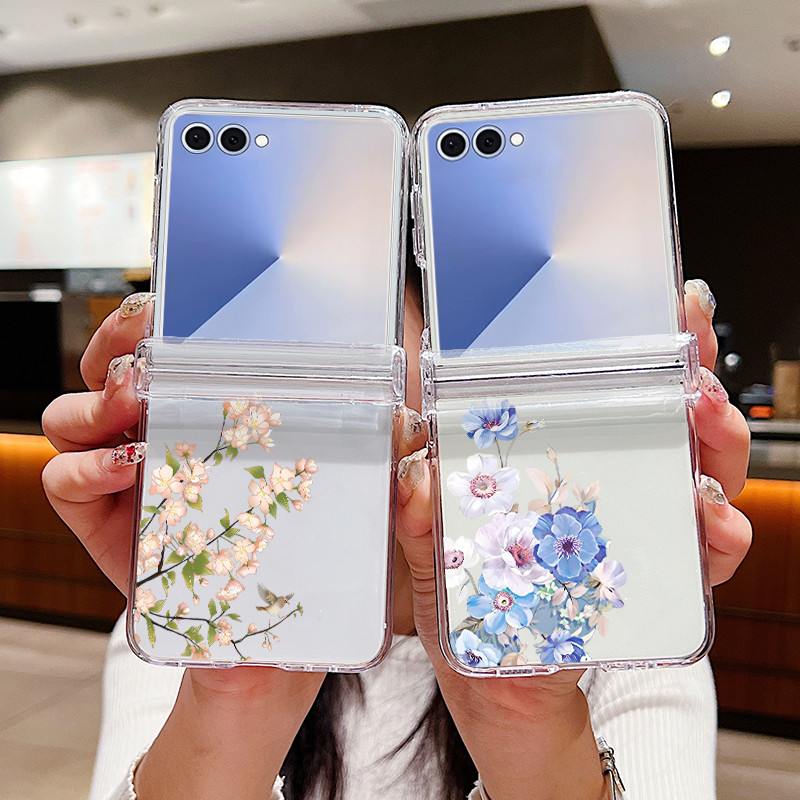 Hoa Họa Tiết Hoa Trong Suốt Ốp Lưng Điện Thoại Samsung Galaxy Z Flip 7 Flip 6 Flip 5 Flip 4 5G Full Bản Lề Cứng PC Gấp Bao Dành Cho Samsung Z Flip7 Flip6 Flip5 Flip4 Flip3