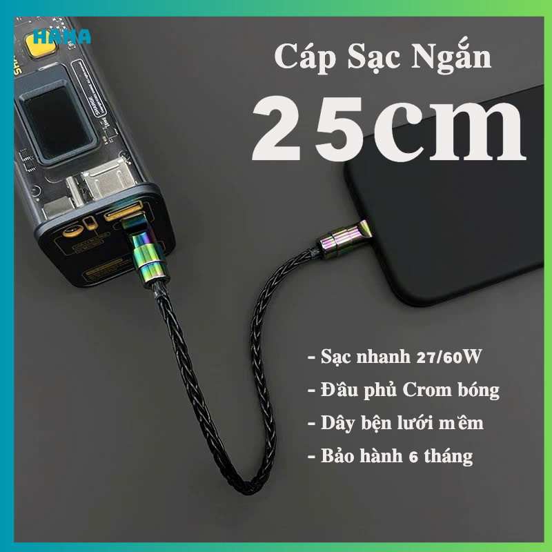 Dây Cáp Sạc Nhanh 60W Type C - Ngắn 25cm - Bện Lưới Mềm - Đầu Đồng - Truyền Dữ Liệu 480Mbps - Decor đẹp