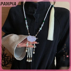 PANPIA-Ethnic Phong Cách Rỗng Khắc Túi May Mắn Mặt Dây Chuyền Xanh Giả Ngọc Handmade Đính Hạt Vòng Cổ Dài