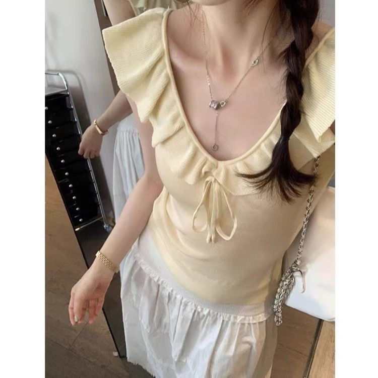 Milyfashion Pháp Xù Không Tay Dệt Kim Mùa Hè Slim-fit Ôm Hơn Nhìn Nơ Thắt Nơ Không Tay Sling Áo Ngắn