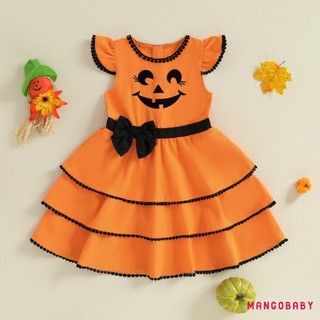 MG-Toddler Girl Halloween Dress Tay Bay Cổ Tròn Bí Ngô In Váy Ngày Lễ Cho Bé