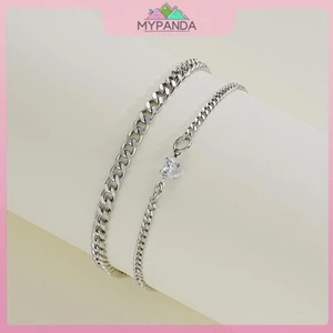 Vòng tay thời trang thép không gỉ cho cặp đôi unisex, với pha lê hình trái tim và chuỗi bạc - quà tặng ý nghĩa.