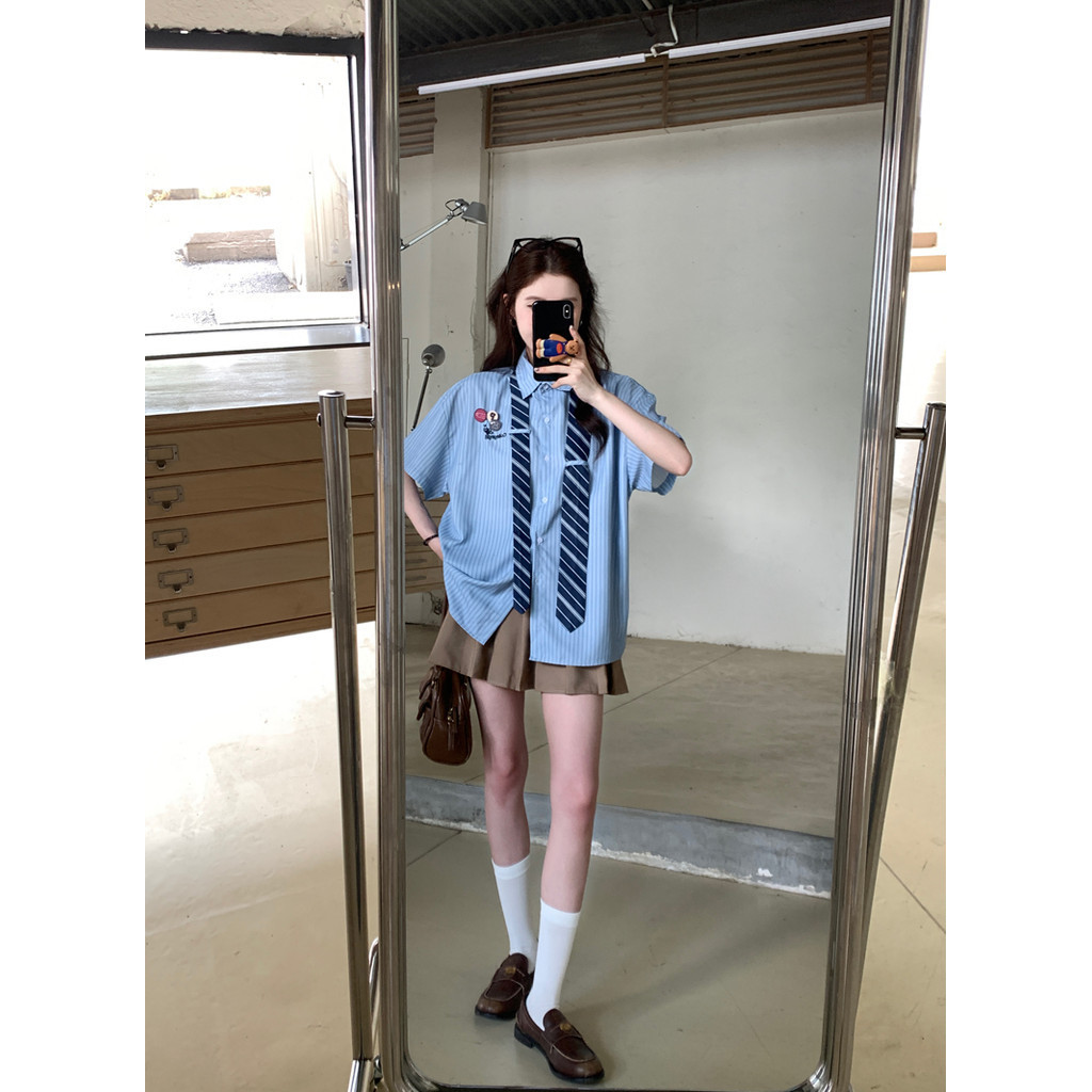 Suxi Retro Sọc Rời Mới Cổ Đơn Giản Áo Sơ Mi Tay Ngắn Nữ Top 240713