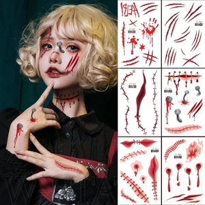 Nhãn dán hình xăm tạm thời Halloween - Đề can hình xăm nghệ thuật cơ thể thực tế chống thấm nước - Nhãn dán trang điểm vết thương sẹo kinh dị - Trang trí tiệc hóa trang Cosplay - Đạo cụ kinh dị