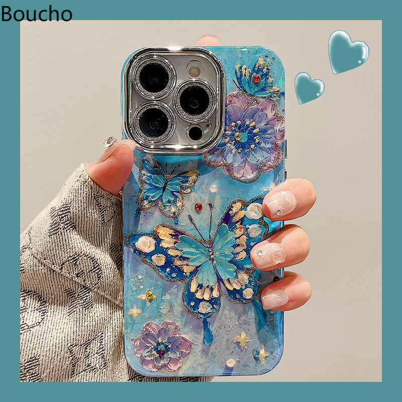 Dành Cho iPhone 15 Pro Max 14promax Tranh Sơn Dầu Thời Trang Màu Xanh Bướm Điện Thoại Có Dây Xích Cho iPhone 11 12 13 14 Pro Max Mềm IMD Chống Sốc Với Ống Kính Phim Mặt Sau